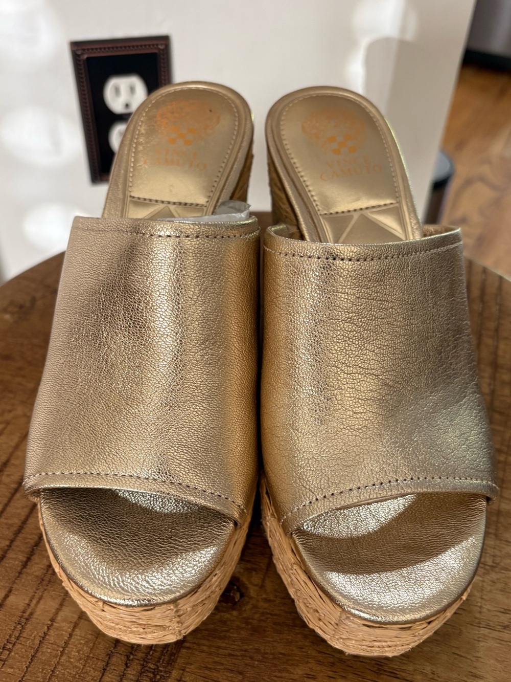 Vince Camuto Metallic Gold Open-Toe Cork Wedge Mules